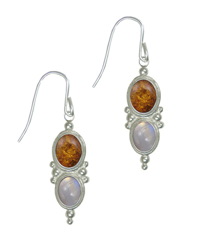 Sterling Silver Drop Dangle Earrings Amber And Rainbow Moonstone